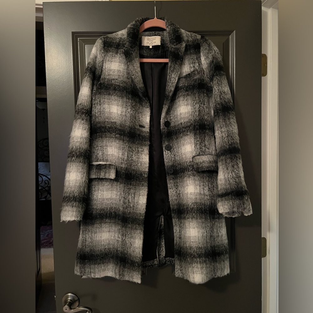 ZARA Trafaluc Checked Plaid Long Wool Mix Studio Coat 3057/081